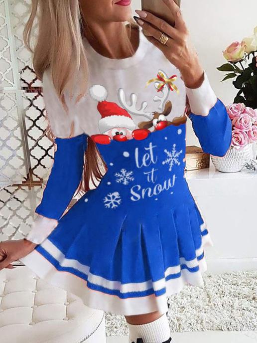 Women's Dresses Christmas Print Long Sleeve Pleated Dress - LuckyFash™