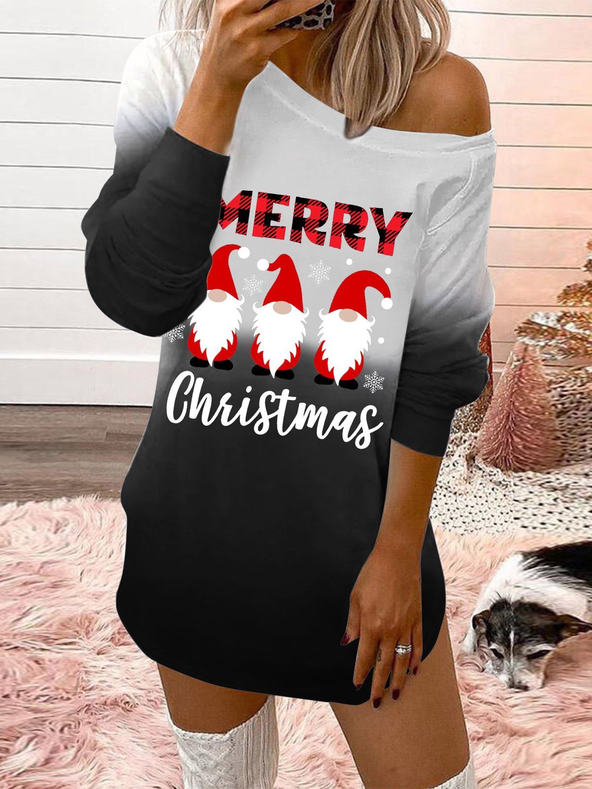 Dresses Christmas Print Sloping Shoulder Long Sleeve Dress - LuckyFash™