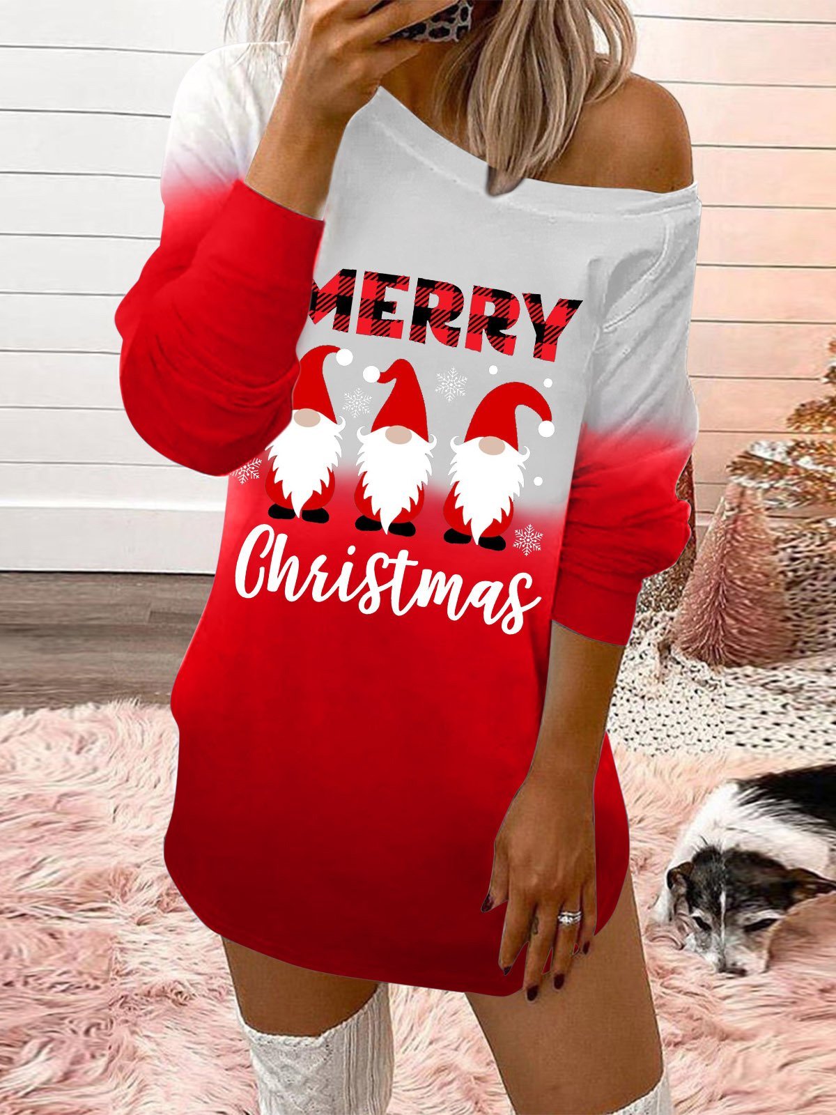 Dresses Christmas Print Sloping Shoulder Long Sleeve Dress - LuckyFash™