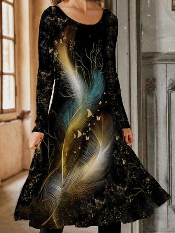 Women's Dresses Colorful Feather Print Long Sleeve Dress - LuckyFash™