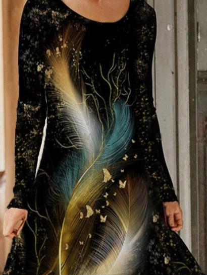 Women's Dresses Colorful Feather Print Long Sleeve Dress - LuckyFash™