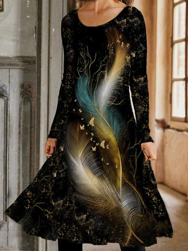 Women's Dresses Colorful Feather Print Long Sleeve Dress - LuckyFash™