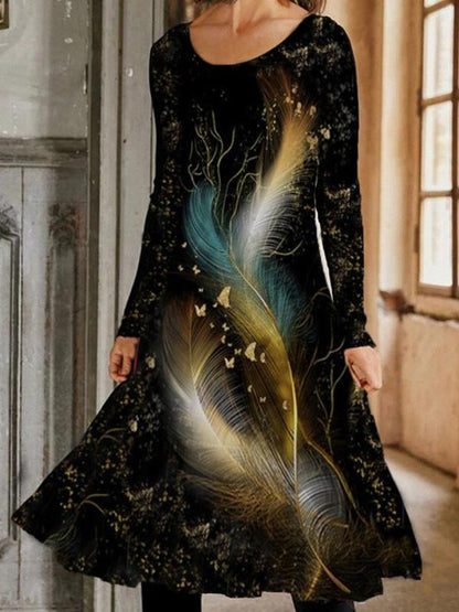 Women's Dresses Colorful Feather Print Long Sleeve Dress - LuckyFash™