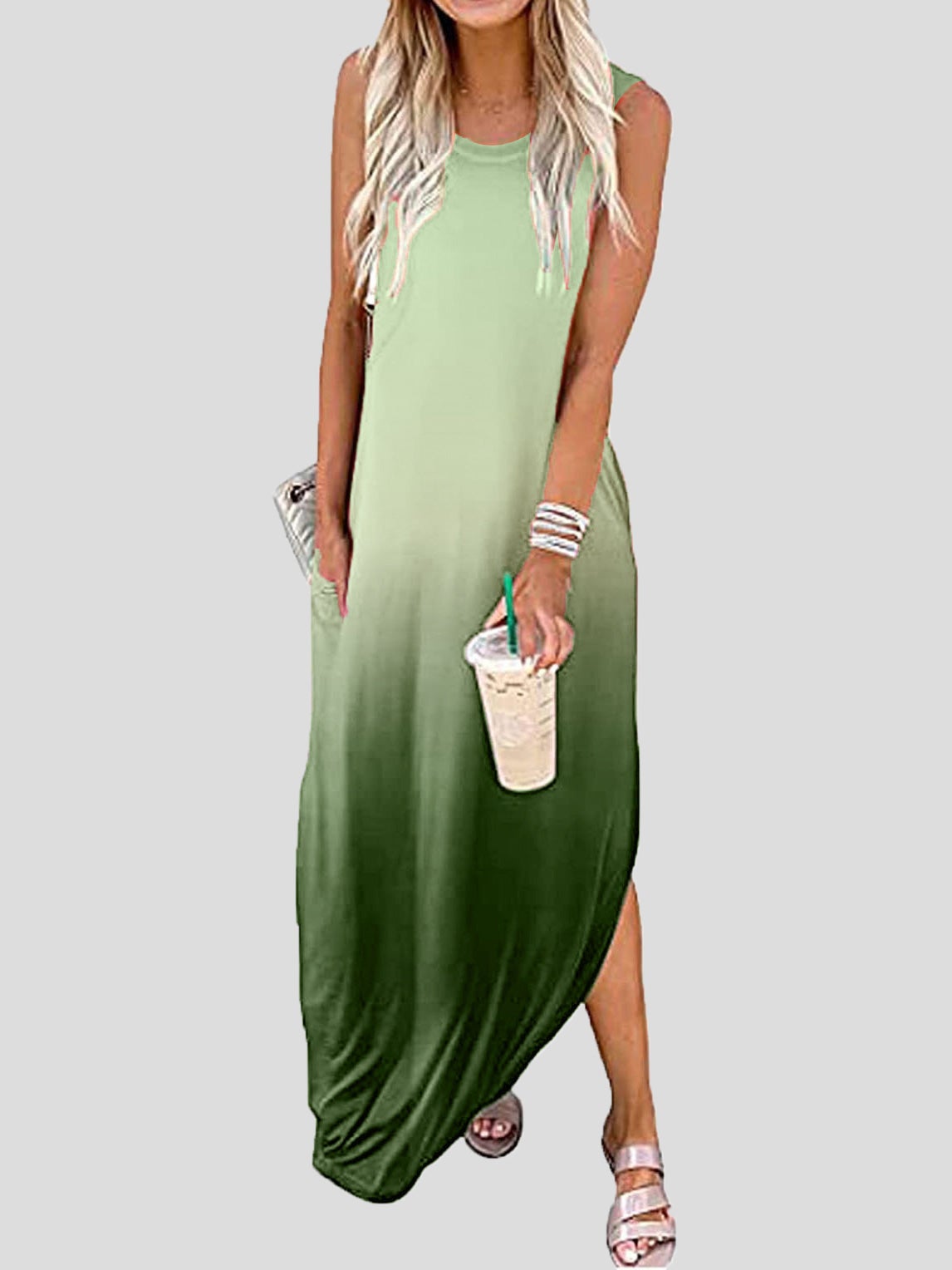 Dresses Crew Neck Sleeveless Gradient Print Pocket Dress - LuckyFash™