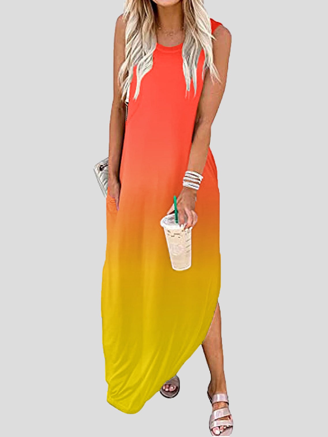 Dresses Crew Neck Sleeveless Gradient Print Pocket Dress - LuckyFash™