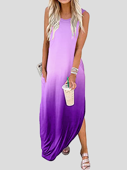 Dresses Crew Neck Sleeveless Gradient Print Pocket Dress - LuckyFash™
