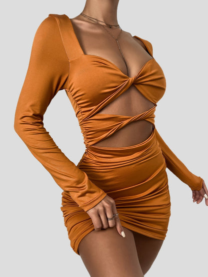 Women's Dresses Deep V Hollow Tie Pleated Long Sleeve Dress - LuckyFash™