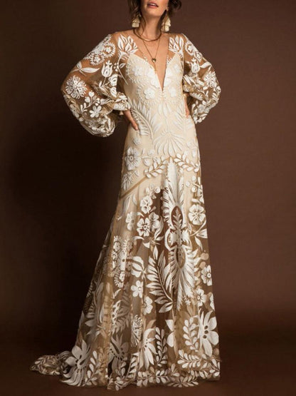 Women's Dresses Deep V Mesh Embroidered Puff Sleeve Halter Dress - LuckyFash™