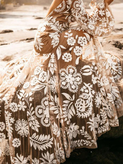 Women's Dresses Deep V Mesh Embroidered Puff Sleeve Halter Dress - LuckyFash™