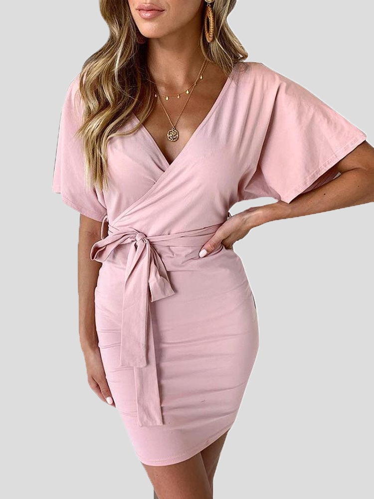 Women's Dresses Deep V Neck Belted Short Sleeve Dress - LuckyFash™