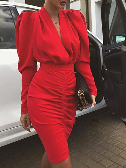 Women's Dresses Deep V-Neck Long Sleeve Skinny Midi Dress - LuckyFash™