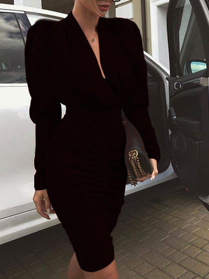 Women's Dresses Deep V-Neck Long Sleeve Skinny Midi Dress - LuckyFash™