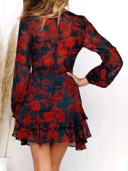 Women's Dresses Deep V-Neck Printed Long Sleeve Mini Dress - LuckyFash™