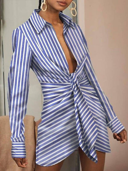 Women's Dresses Deep V-Neck Striped Long Sleeve Shirt Dress - LuckyFash™