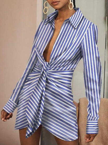 Women's Dresses Deep V-Neck Striped Long Sleeve Shirt Dress - LuckyFash™