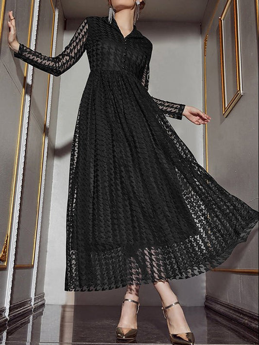 Dresses Fashion Casual Mesh Hollowed V-Neck Long-sleeved Maxi Dress - LuckyFash™