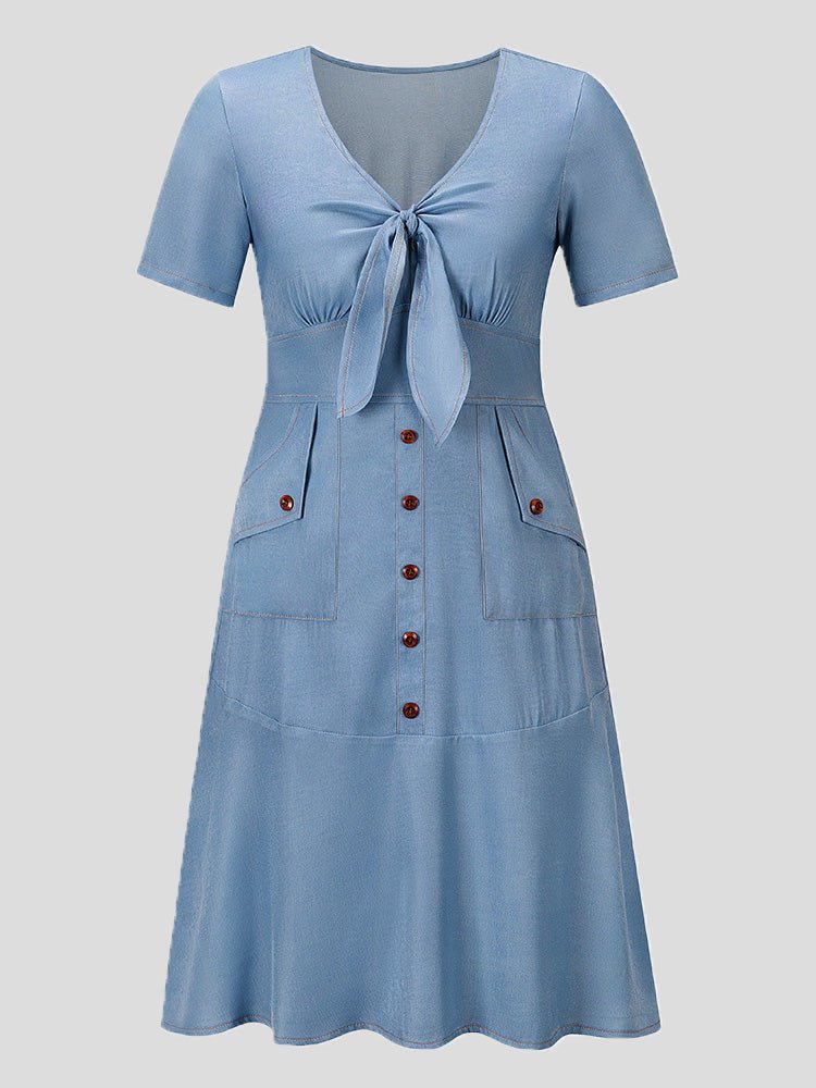 Dresses Fitted Pocket Tie Faux Denim Dress - LuckyFash™