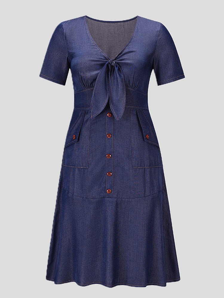 Dresses Fitted Pocket Tie Faux Denim Dress - LuckyFash™