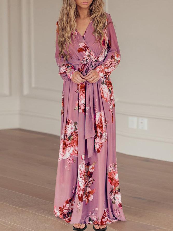 Women's Dresses Floral Print V-Neck Tie Long Sleeve Dress - LuckyFash™