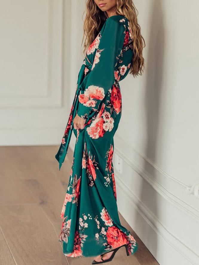 Women's Dresses Floral Print V-Neck Tie Long Sleeve Dress - LuckyFash™