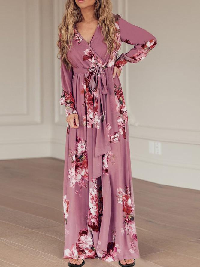Women's Dresses Floral Print V-Neck Tie Long Sleeve Dress - LuckyFash™