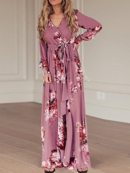 Women's Dresses Floral Print V-Neck Tie Long Sleeve Dress - LuckyFash™