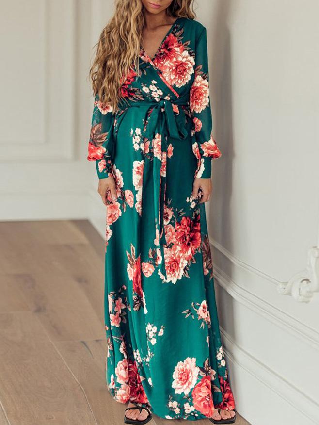 Women's Dresses Floral Print V-Neck Tie Long Sleeve Dress - LuckyFash™