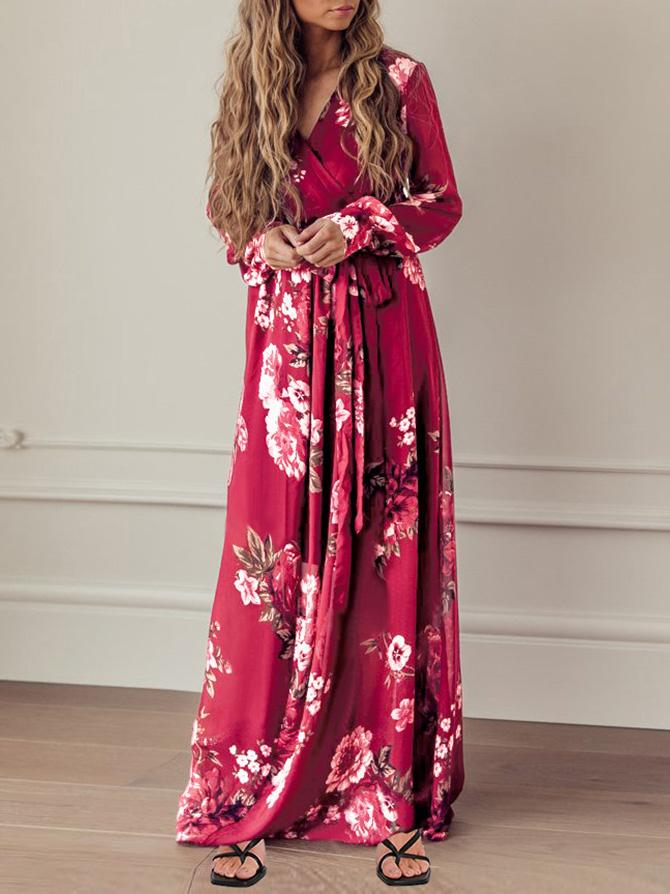 Women's Dresses Floral Print V-Neck Tie Long Sleeve Dress - LuckyFash™