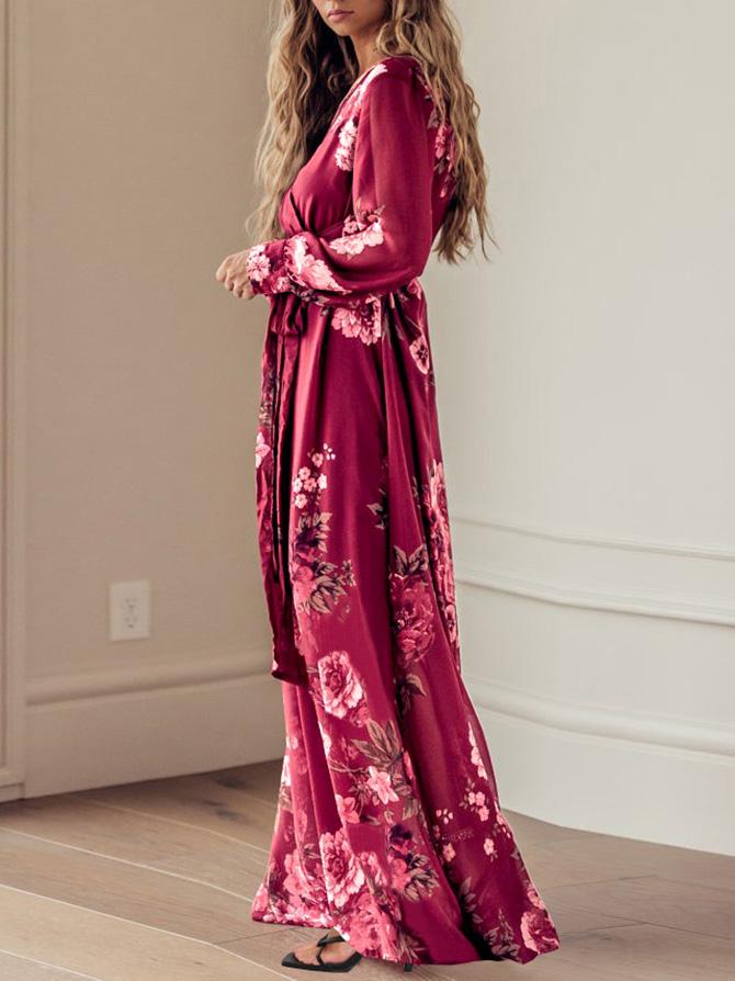 Women's Dresses Floral Print V-Neck Tie Long Sleeve Dress - LuckyFash™