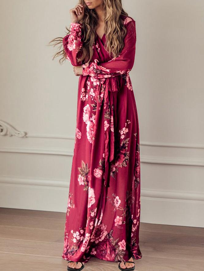 Women's Dresses Floral Print V-Neck Tie Long Sleeve Dress - LuckyFash™