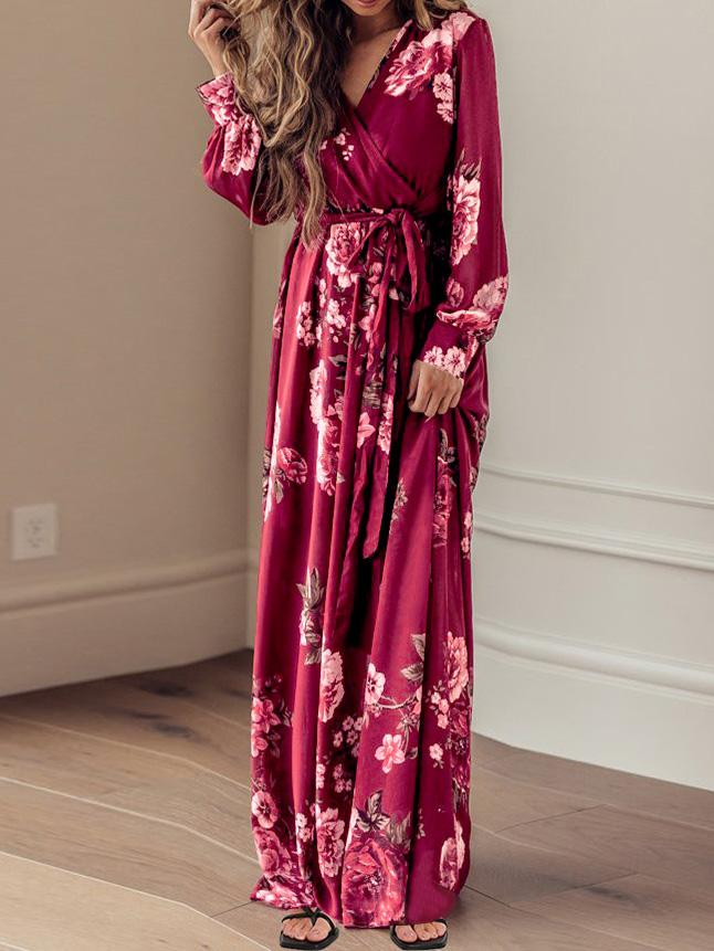 Women's Dresses Floral Print V-Neck Tie Long Sleeve Dress - LuckyFash™