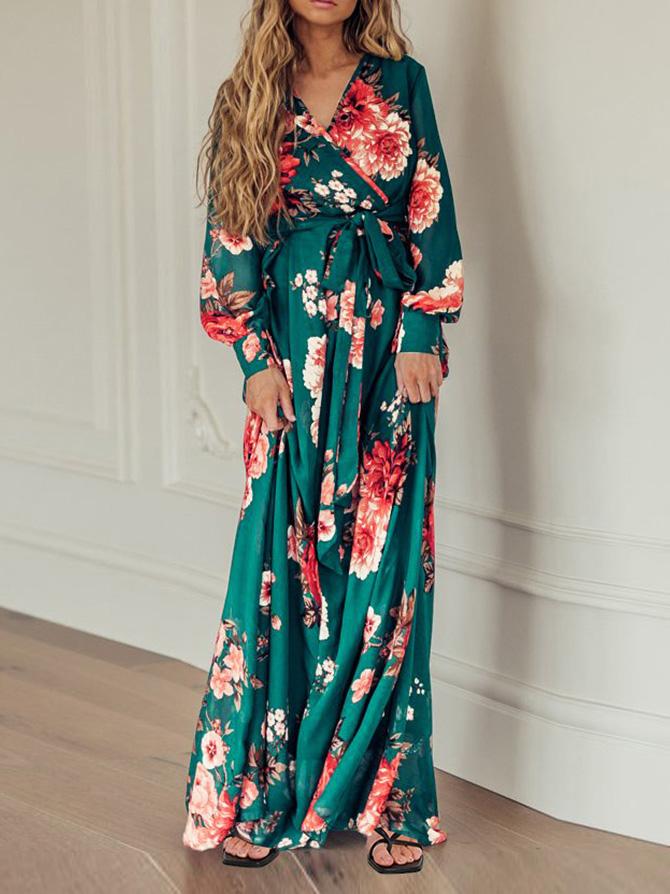 Women's Dresses Floral Print V-Neck Tie Long Sleeve Dress - LuckyFash™