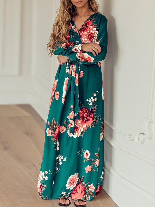 Women's Dresses Floral Print V-Neck Tie Long Sleeve Dress - LuckyFash™