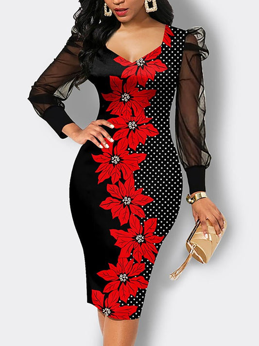 Dresses Floral Printed Mesh Sleeve Polka Dot Midi Dress - LuckyFash™