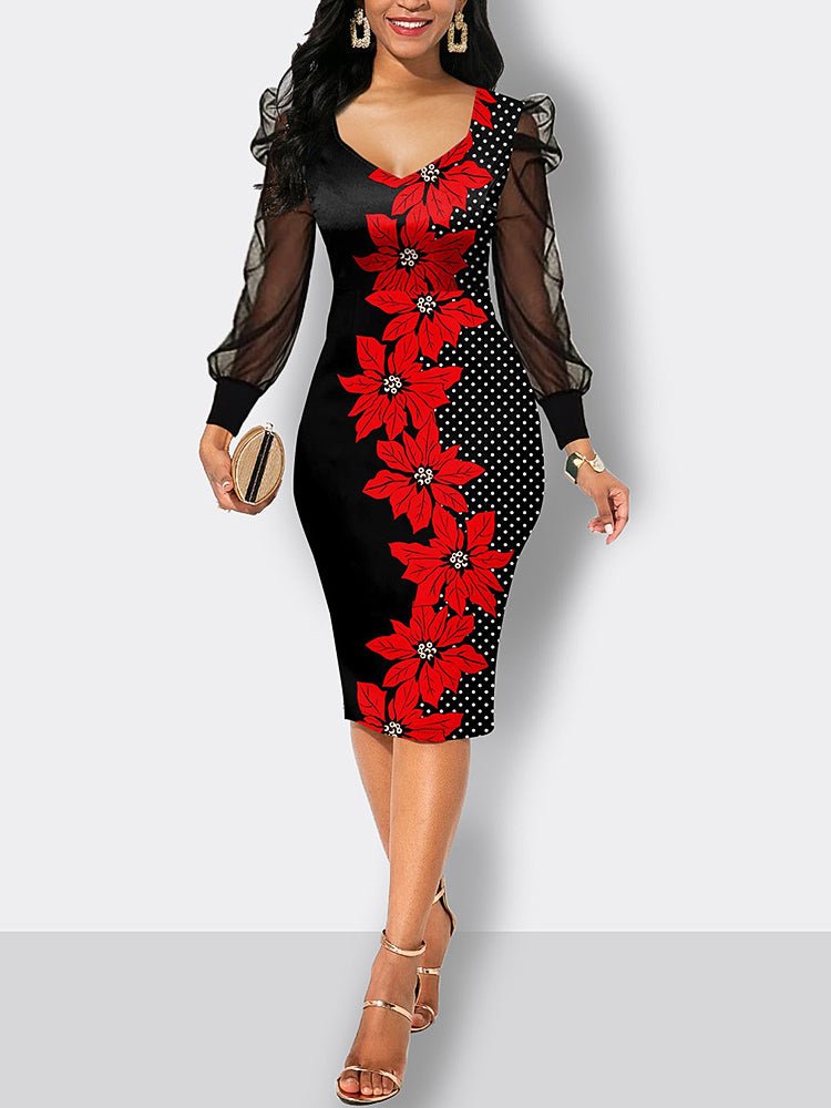 Dresses Floral Printed Mesh Sleeve Polka Dot Midi Dress - LuckyFash™