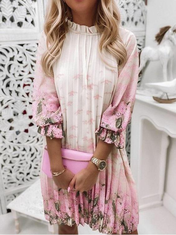 Women's Dresses Flower Print Pleated Three-Quarter Sleeve Pullover Dress - LuckyFash™