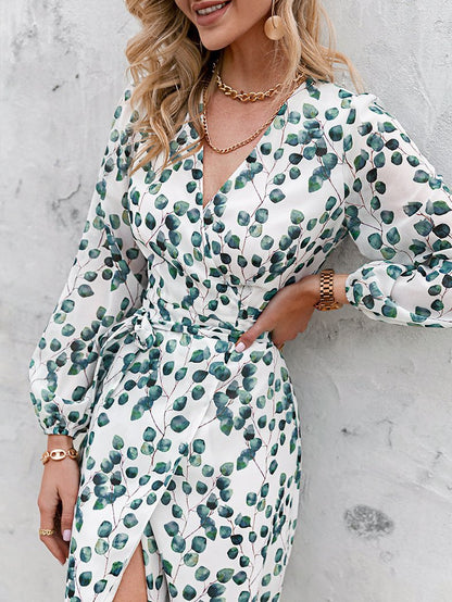 Women's Dresses Green Leaf Print Long Sleeve Lace-Up Dress - LuckyFash™