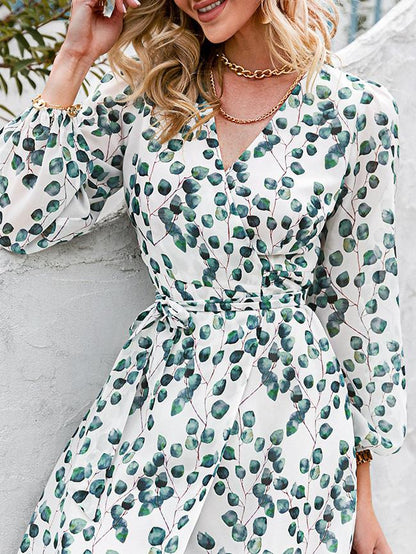 Women's Dresses Green Leaf Print Long Sleeve Lace-Up Dress - LuckyFash™