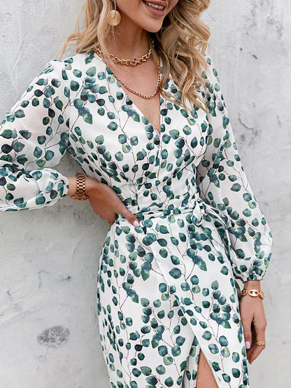 Women's Dresses Green Leaf Print Long Sleeve Lace-Up Dress - LuckyFash™