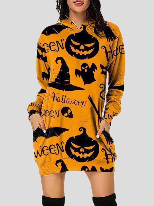 Women's Dresses Halloween Print Hooded Pocket Long Sleeve Dress - LuckyFash™