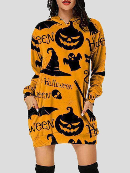 Women's Dresses Halloween Print Hooded Pocket Long Sleeve Dress - LuckyFash™