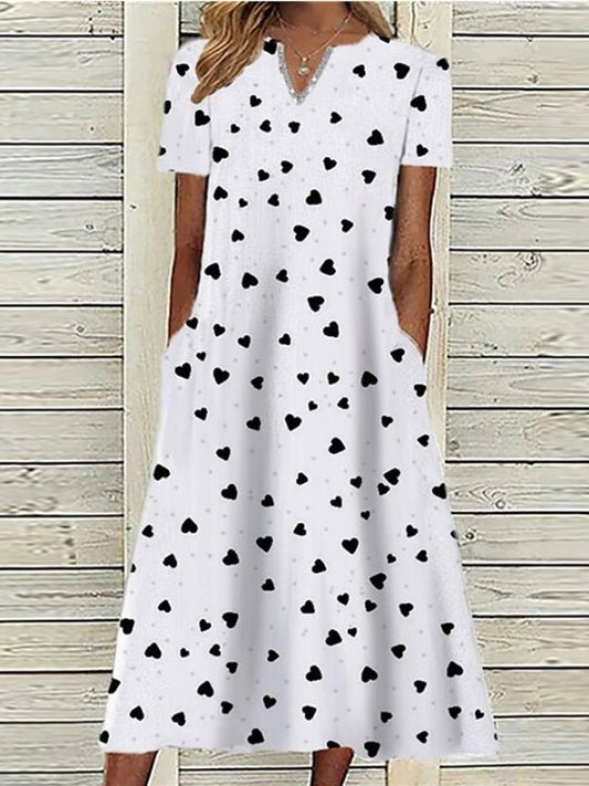 Dresses Heart Print Pocket Short Sleeve Dress - LuckyFash™