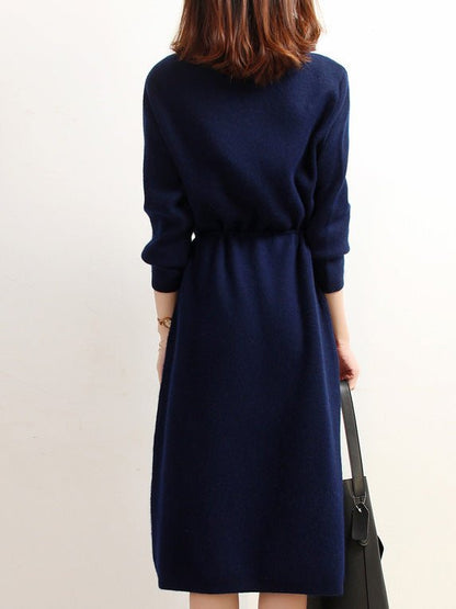 Dresses High Neck Elastic Waist Pocket Knit Dress - LuckyFash™