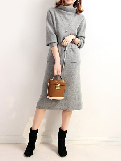 Dresses High Neck Elastic Waist Pocket Knit Dress - LuckyFash™