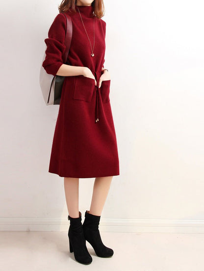 Dresses High Neck Elastic Waist Pocket Knit Dress - LuckyFash™