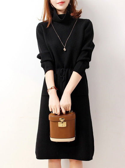 Dresses High Neck Elastic Waist Pocket Knit Dress - LuckyFash™