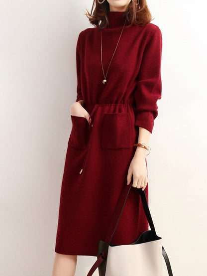 Dresses High Neck Elastic Waist Pocket Knit Dress - LuckyFash™