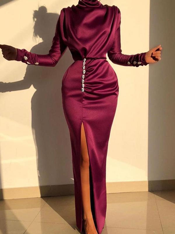 Women's Dresses High Neck Long Sleeve Water Drop Rhinestone Split Dress - LuckyFash™