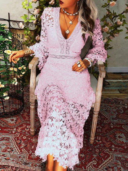 Dresses Hollow Lace V-Neck Long Sleeve Dress - LuckyFash™