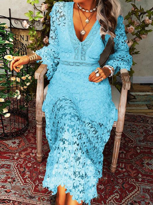 Dresses Hollow Lace V-Neck Long Sleeve Dress - LuckyFash™